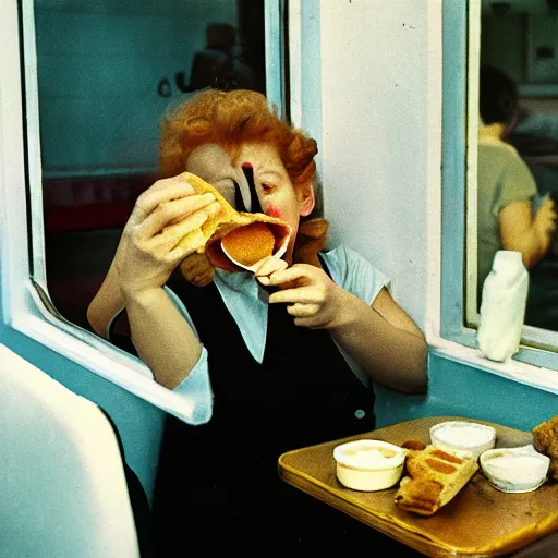 Image similar to A photo of the Grim Reaper enjoying pancakes in a 1950s diner, award-winning photography, by Saul Leiter