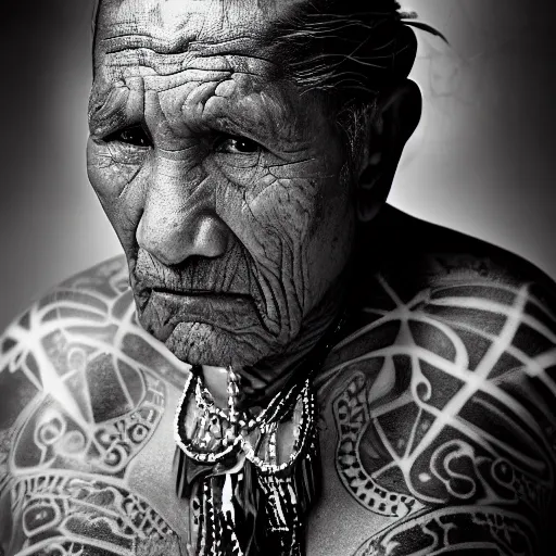 Prompt: portrait of hopi shaman, 7 0 yo, annoyed look, tattoos, dark background, studio light, hdr, nikon 2 4 mm f / 1. 8 g, by sebastiao salgado
