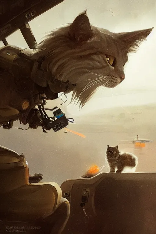 Image similar to a mech sodier with a head of a british longhair cat in the helicopter cabin ready to deploy, epic scene, by greg rutkowski