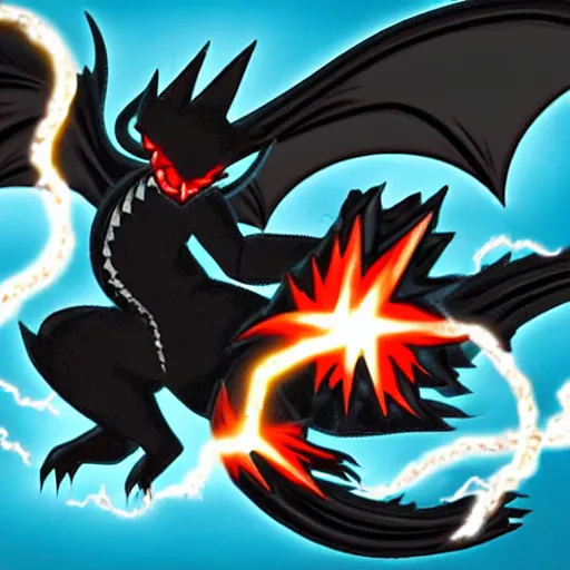 Image similar to a 3 headed black dragon pokemon shooting electricity out of its mouth