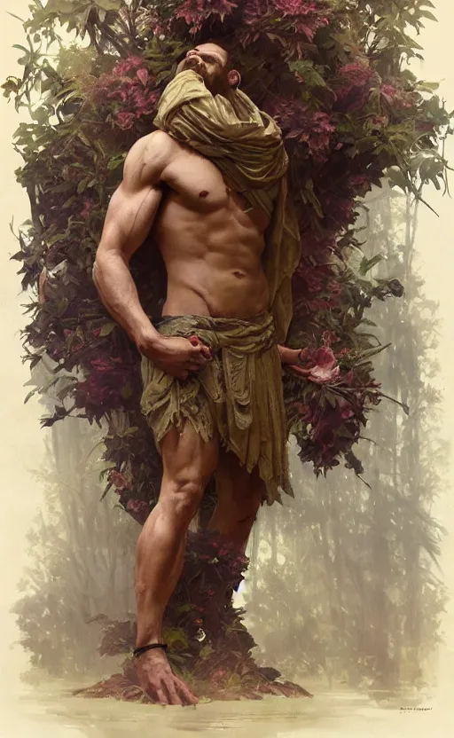 Image similar to god of the forest, 3 0 years old, rugged, handsome, male, detailed face, clean lines, atmospheric lighting, amazing, full body, thighs, flowers, muscular, intricate, highly detailed, digital painting, deviantart, concept art, sharp focus, illustration, art by greg rutkowski and alphonse mucha