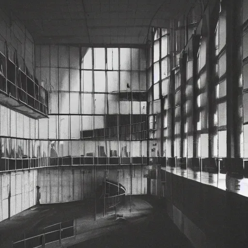 Image similar to eco brutalist interior with high celing and big windows, dark moody lighting, neo militarism, highly detailed, excellent composition, dramatic lighting, photography, 3 5 mm, kodak film