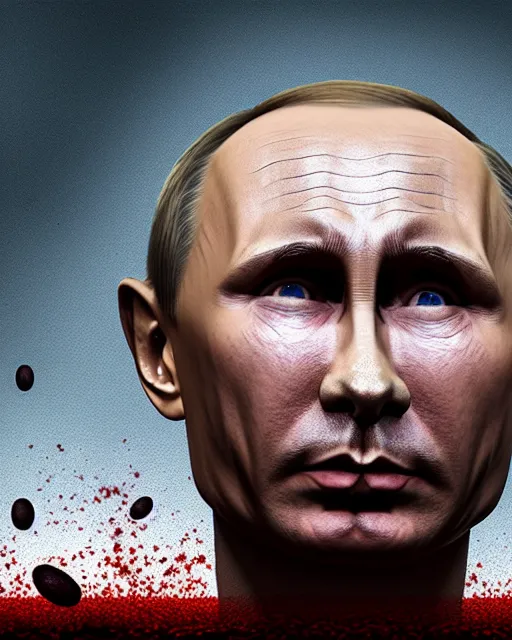 Image similar to hyper-realistic image of Putin shot dead in front of a bunker, scary, weird, surprising, worms on face, sharp focus, cinematic lighting, illustration, art, octane render
