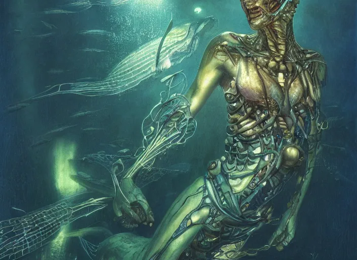 Image similar to pike fish with glowing head, neural cybernetic interface, glowing veins subsurface scattering, deep sea underwater photography, by gerald brom, by mikhail vrubel, by peter elson, muted colors, extreme detail, trending on artstation, 8 k