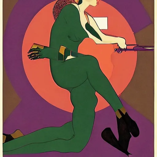 Image similar to Eva Green, Art by Coles Phillips, Orange bodysuit, Chalk white skin, deep purple hair, Green eyes, Portrait of the actress, Eva Green as Metamorpho, geometric art, art deco, Alphonse Mucha, Vasily Kandinsky, carbon black and antique gold