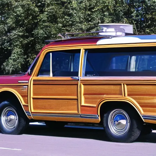 Image similar to 1 9 7 0's woody station wagon in the style of cybertruck