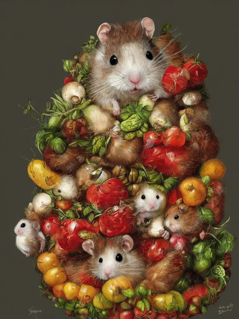 Prompt: Highly detailed cute hamster in the style of Guiseppe Arcimboldo, sharp, masterpiece, artstation