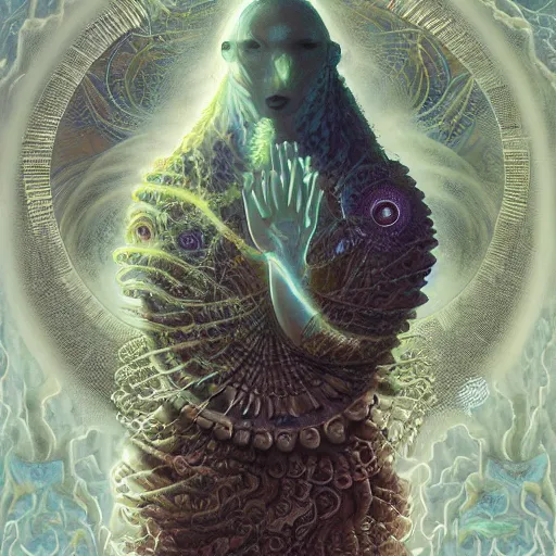 Prompt: faceless, shaman, cultist, lovecraftian, surreal, shrouded figure, powerful being, plant spirit, fractal entity, spirit guide, light being, pearlescent, shiny, glowing, ascending, beautiful, subtle pattern, trending on artstation, fractal pattern, sacred geometry by peter mohrbacher, highly detailed, professional art, illustration, cult, sacrificial altar, levitating