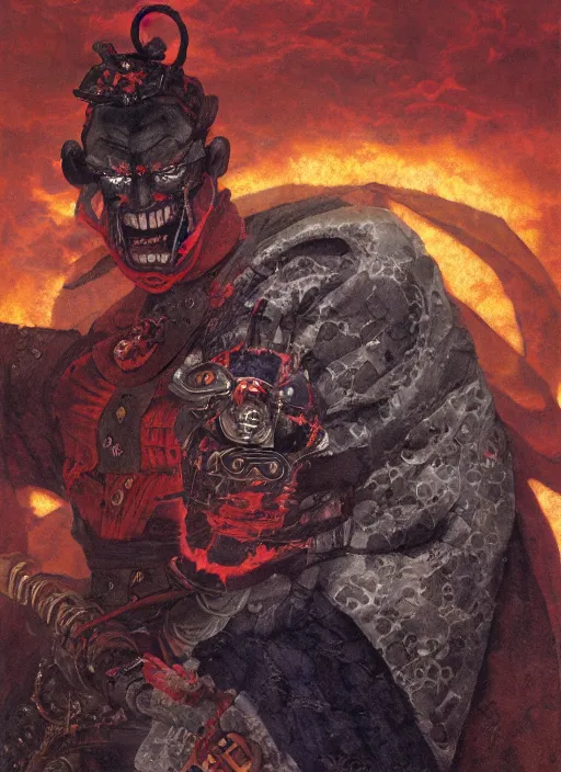 Prompt: portrait of a diabolical cyborg clown samurai kabuki with a flamethrougher, torn cape, dynamic pose, glowing eyes, ancient ruins, glowing veins subsurface scattering, in clouds, sunset, portrait, by gerald brom, by mikhail vrubel, by peter elson, muted colors, extreme detail, reflections, trending on artstation, 8 k