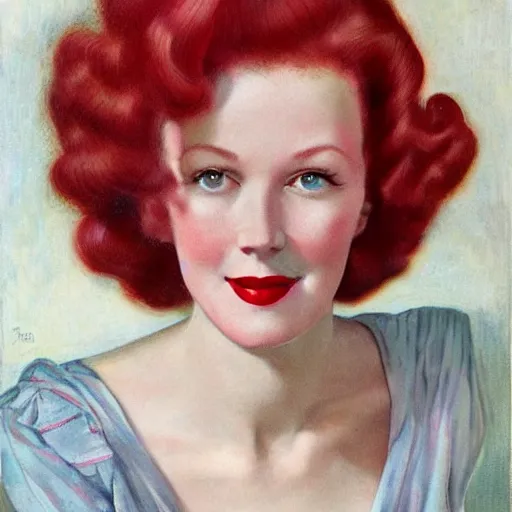 Prompt: tall, lithe woman, soft red hair, fair skin, normal rockwell, 1 9 4 0's, liberty curls, flushed cheeks, pink lips, beautiful smile, full body portrait, posing