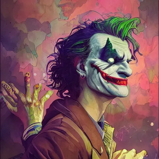 Prompt: the joker mad with laughter, epic scene dreaming acid - fueled hallucinations, psychedelic high detail, digital art, illustration, realistic award, disney concept art watercolor illustration by mandy jurgens and alphonse mucha and alena aenami