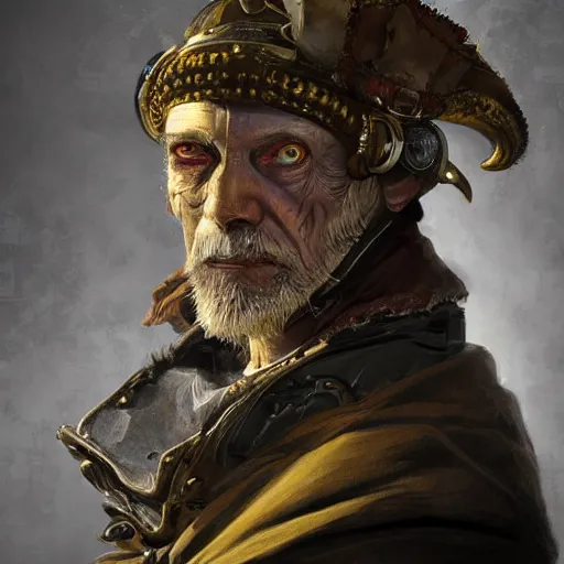 Image similar to portrait, headshot, digital painting, of a old 17th century, old cyborg merchant, amber jewels, baroque, ornate clothing, scifi, realistic, hyperdetailed, chiaroscuro, concept art, art by Franz Hals and Jon Foster