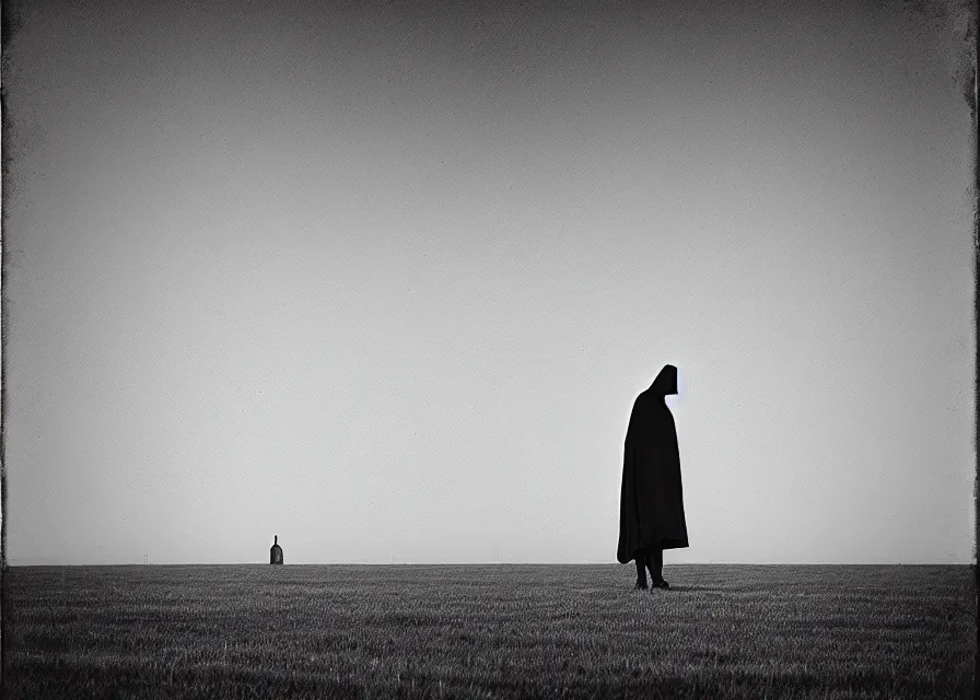 Image similar to white sheet ghost standing in an empty field, by jean charlot