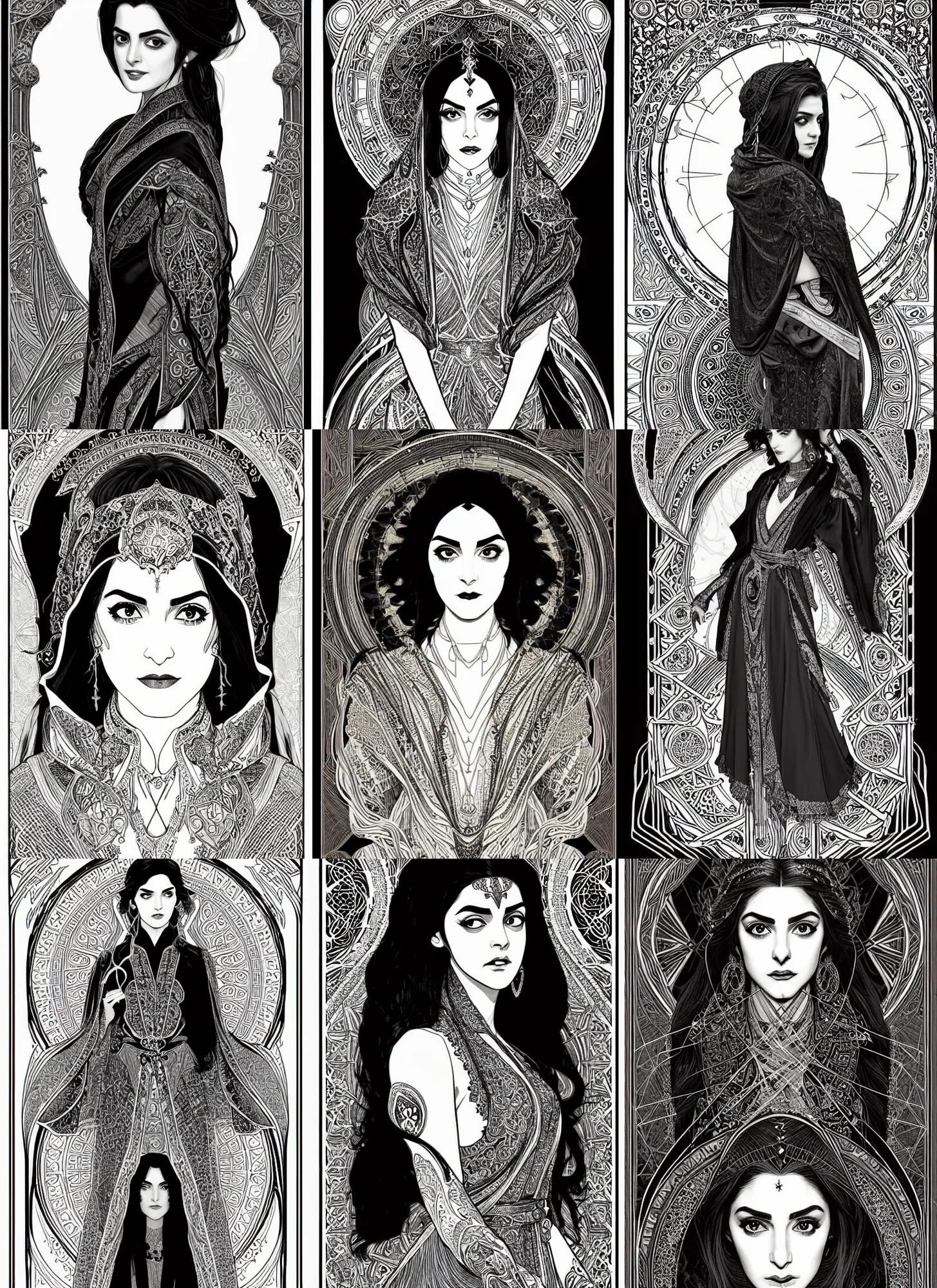 Prompt: centered portrait, Maya Ali as a D&D sorcerer, black hair, intricate robes, Art Nouveau, black and white, inked artwork, beautiful retro Fantasy heroine 1985, intricate, elegant, highly detailed, centered, digital painting, trending on artstation, concept art, smooth, sharp focus, illustration, art by Mucha, Ilya Kuvshinov, WLOP