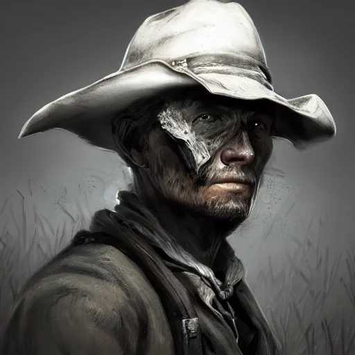 Prompt: a digital portrait of a human bounty hunter from hunt showdown, western era, hyper realistic, horror, back lighting, luisiana, in the style of greg rutkowski,