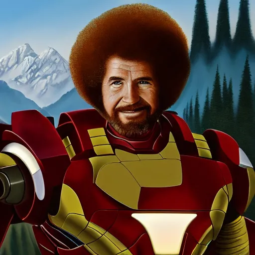 Prompt: a closeup photorealistic photograph of bob ross with a paintbrush and diligently finishing a canvas painting of iron man. mountains and trees. film still. brightly lit scene. this 4 k hd image is trending on artstation, featured on behance, well - rendered, extra crisp, features intricate detail, epic composition and the style of unreal engine.