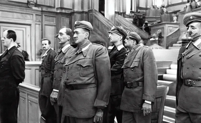 Prompt: 50s movie still of very diverse one general one officers one marshal with very detailed faces in a stalinist parlement, by Alexei Guerman, Cinestill 800t 35mm black and white, heavy grainy picture, very detailed, high quality, 4k, HD criterion, precise texture, diverse faces, diverse haircuts, diverse ages, each faces precisely define