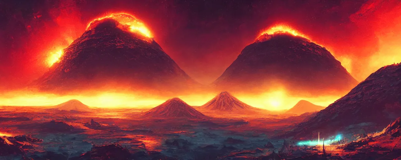 Image similar to ” outer planet with erupting volcanoes, [ art by paul lehr, cinematic, detailed, epic, widescreen, opening, establishing, mattepainting, photorealistic, realistic textures, octane render ] ”