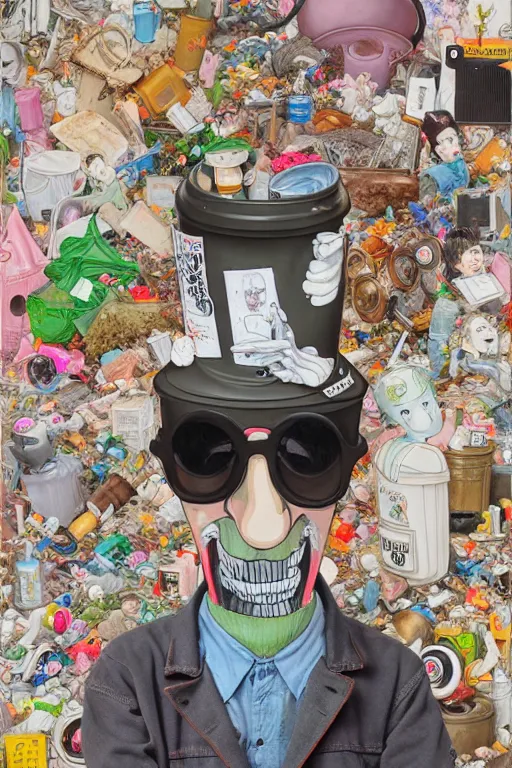 Prompt: full view, from a distance, of anthropomorphic trashcan who is marcel duchamp, full of trash, style of yoshii chie and hikari shimoda and martine johanna, highly detailed