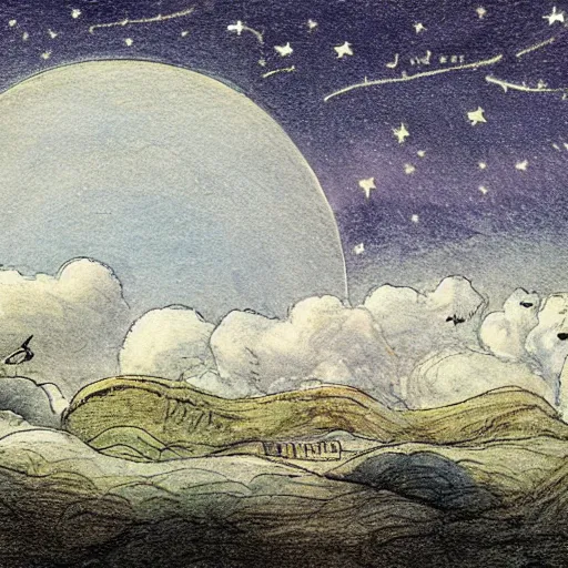 Image similar to night sky, stars, personified smiling moon prominently in the center, surrounded by clouds, landscape, illustrated by peggy fortnum and beatrix potter and sir john tenniel