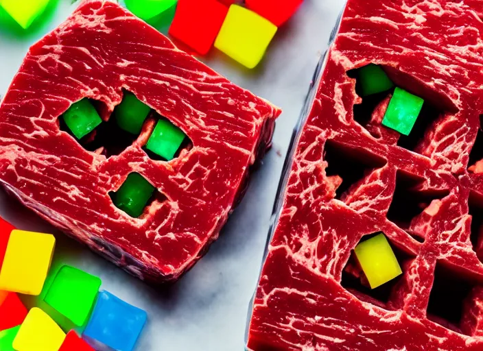 Prompt: dslr food photograph of a jello mold filled with cubes of beef, 8 5 mm f 1. 8