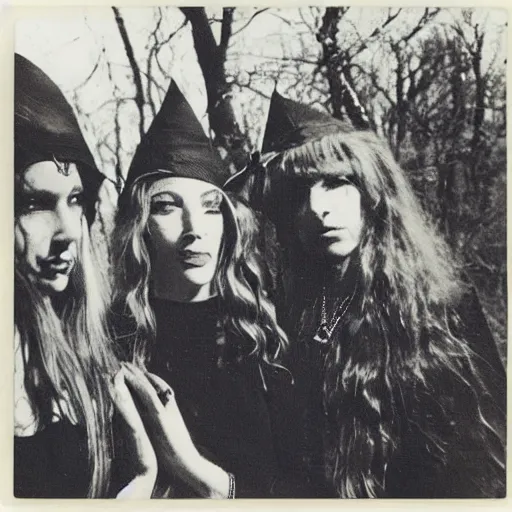 Image similar to 1969, witchcraft, psychedelic hippies, goths, long-haired witch, coven, rockers, rural New York, Polaroid