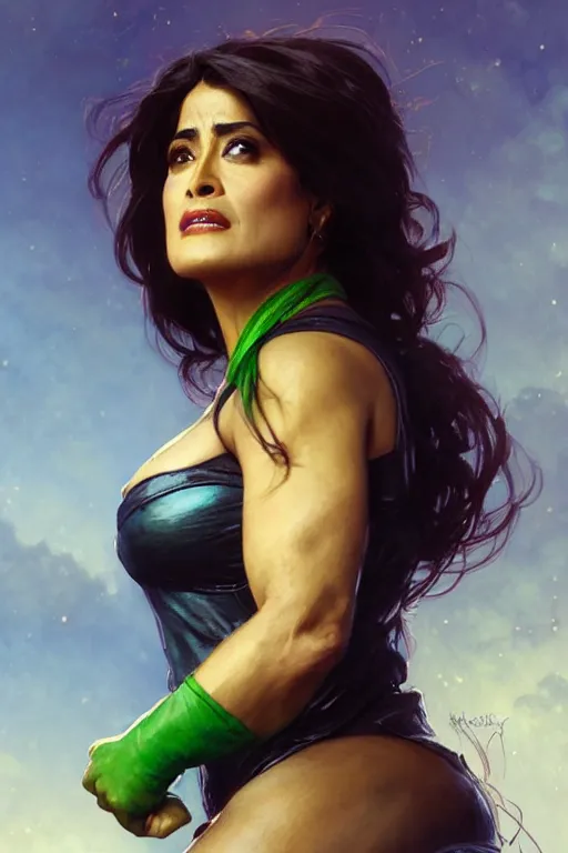 Prompt: selma hayek as she hulk profile picture by Greg Rutkowski, matte painting, intricate, fantasy concept art, elegant, by Stanley Artgerm Lau, golden ratio, thomas kindkade, alphonse mucha, loish, norman Rockwell,