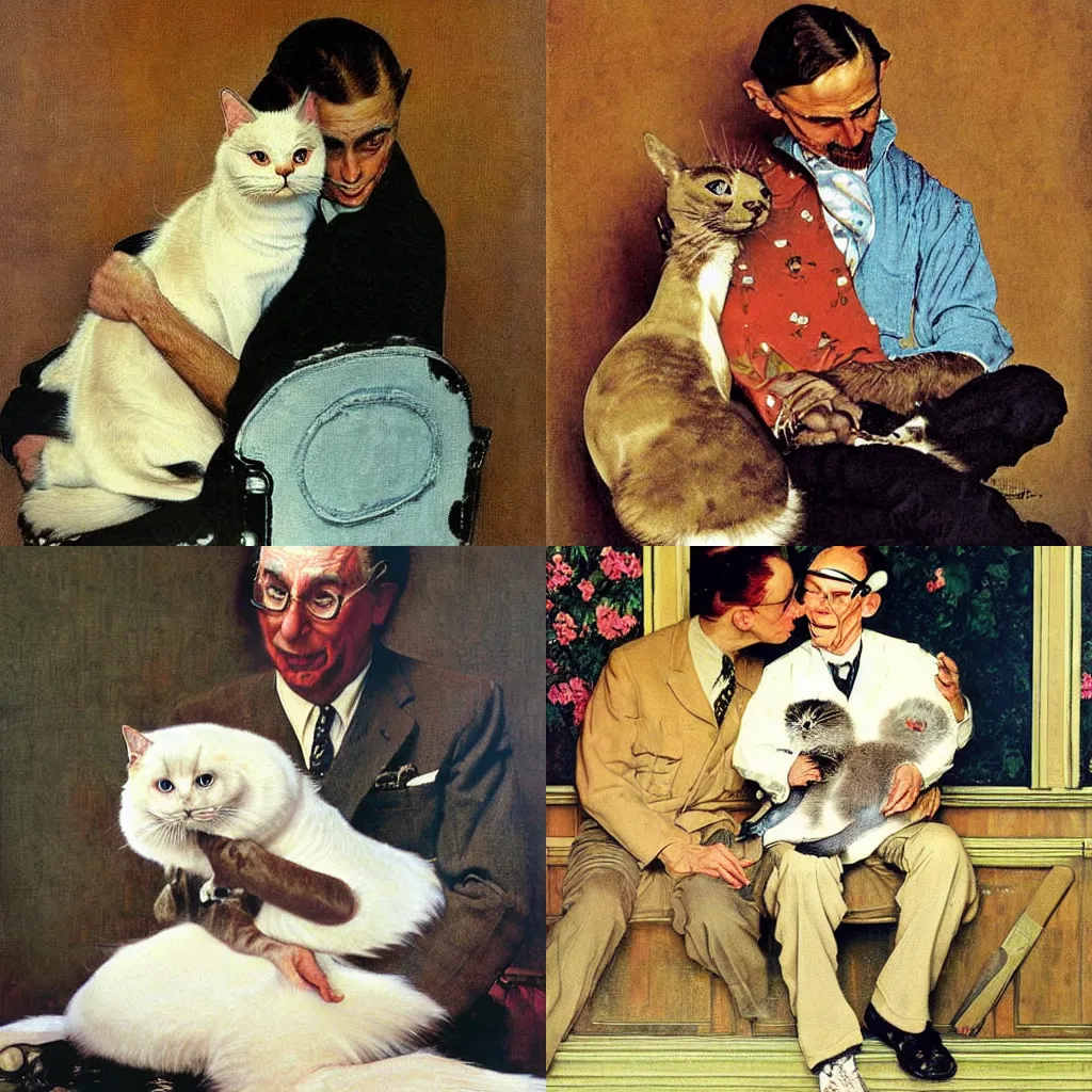 Prompt: a beautiful and highly detailed painting of a seal point ragdoll cat on a man's lap by norman rockwell