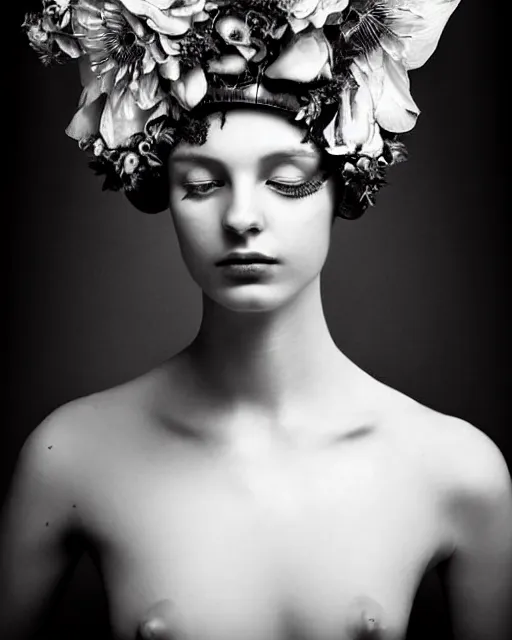 Image similar to a black and white high quality dreamy photo of a young beautiful female queen-pale dragon-vegetal-flower-cyborg bust with a very long neck and a steampunk flower crown, elegant, highly detailed, poetic, soft, dreamy, mysterious, high fashion, in the style of Horst P. Horst, Realistic, Refined, Digital Art, Highly Detailed, Cinematic Lighting, rim light, black and white, photo-realistic, 8K