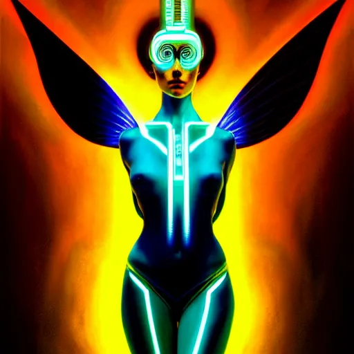 Prompt: tron angel, illuminated face, psychedelic sunset, diffuse lighting, hyper realistic, elegant, intricate, hyper detailed, smooth, sharp focus, concept art, illustration, trending on artstation, art by john collier, artem demura, greg rutkowski, james gurney, and alphonse mucha