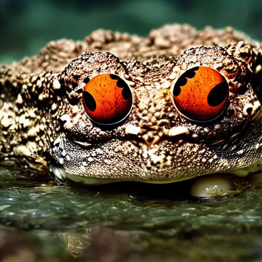 Image similar to deep camouflage angry toad evil eyes poking out eyes from under the water ultra sharp blur background simple background deep brown orange staring into camera poster art full brown national Geographic