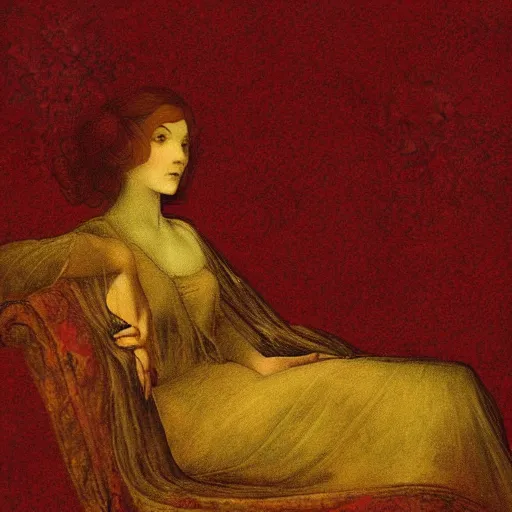 Image similar to an elegant girl in a liminal abandoned room, red and gold, old polaroid by goya, by botticelli, digital painting, jugendstil, art noveau, strong lights, flat colors, pastel colors,