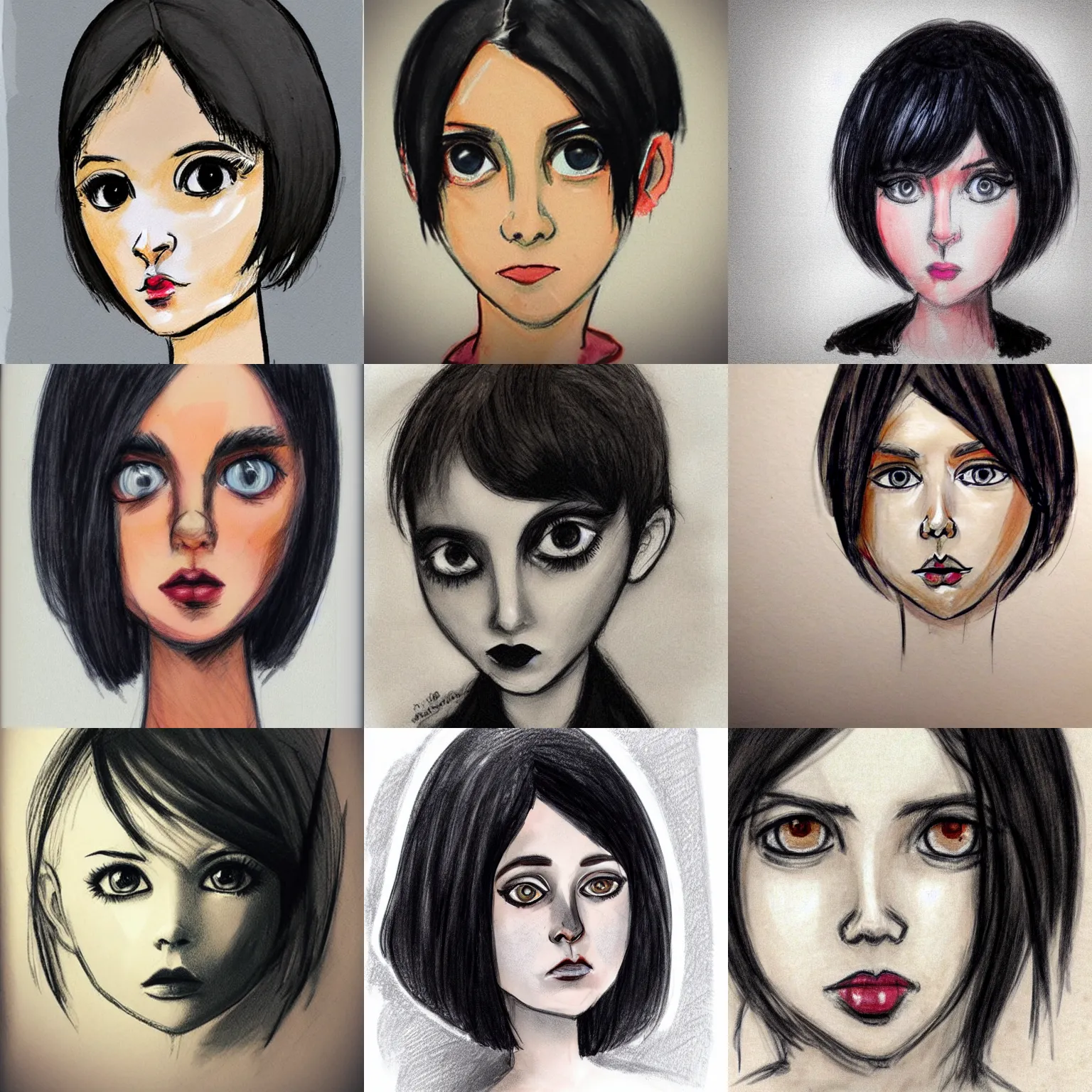Prompt: sketch girl face, short black hair, big eyes