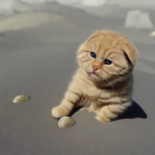 Image similar to cute little golden eyed scottish fold on the moon, realistic