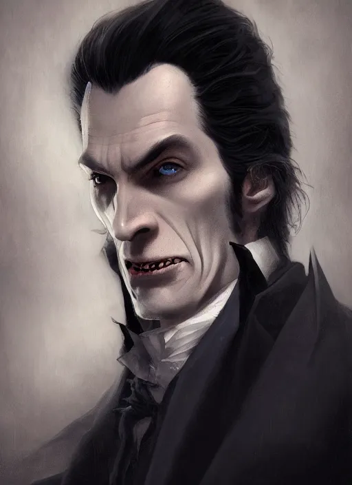 Image similar to highly detailed portrait of count dracula by mike mignola, tom bagshaw artgerm and ross tran, beautiful dramatic dark moody lighting, volumetric, cinematic atmosphere, photorealism, glossy magazine painting, global illumination, deep color, 8 k resolution, high details, flickr, dslr, z brushcentral, cgsociety, artstation