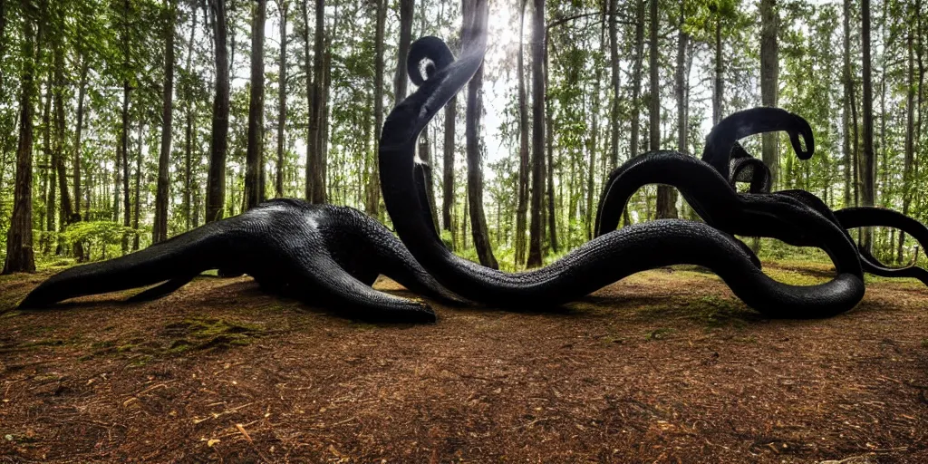 Image similar to a giant black octopus in the middle of a forest, winding around trees, beautiful ambient light, sun rays hitting the slightly transparent creature, 8k photography