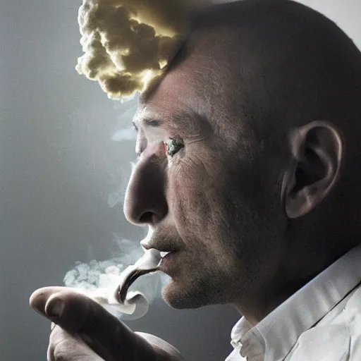 Prompt: annie liebowitz photo of a man who's head is replaced with a puff of smoke