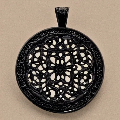 Image similar to an intricate pendant made out of ebony, black background