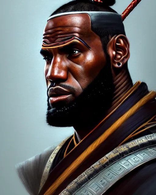 Prompt: face portrait of lebron james as a muscular ronin samurai, wearing a haori, by wlop and peter mohrbacher, dramatic action pose, extremely detailed shading, concept art, digital painting, trending on artstation, unreal engine 5, octane render, atmosphere, glow, cinematic lighting, full of color