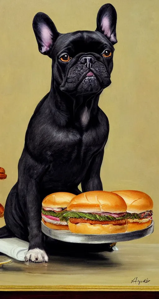 Prompt: painting of black french bulldog, portrait, tray of hamburgers, bright colors, highly detailed, rococo style painting