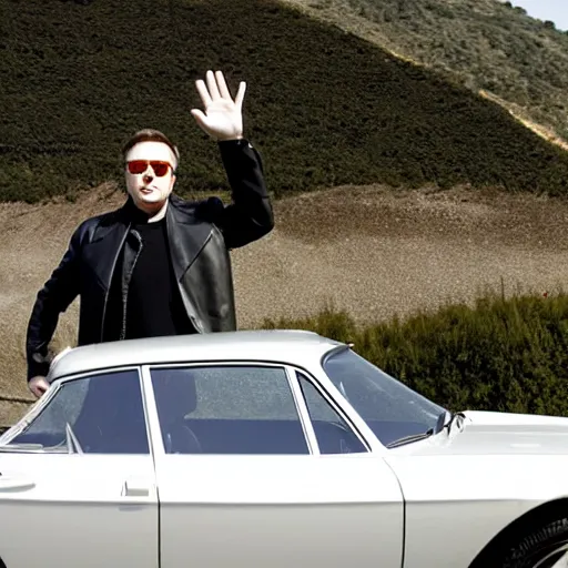 Image similar to close photo of elon musk waving from his lancia fulvia, award winning photograph