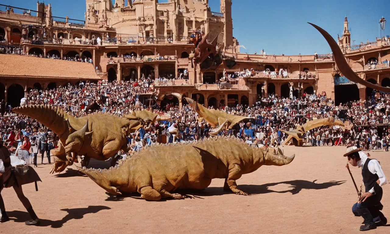 Image similar to a troubadour facing off against a horned dinosaur in the plaza de toros, madrid. extreme long shot, midday sun, kodachrome