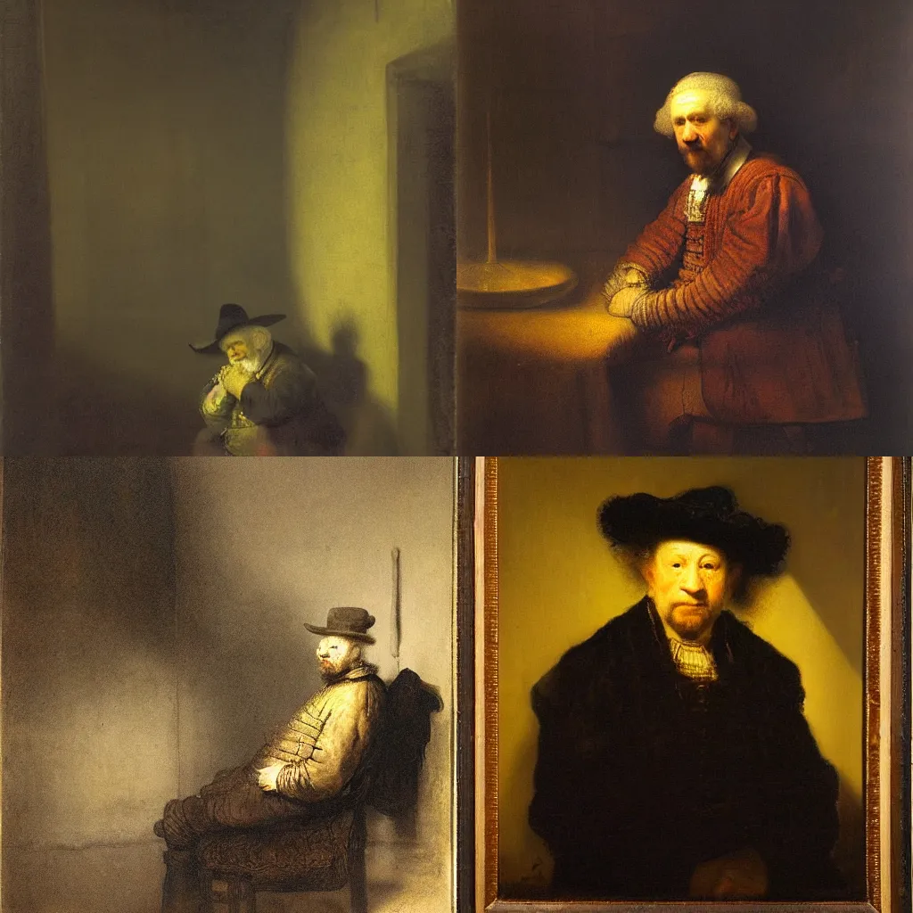 Prompt: a man looking morose and sitting in the corner of a dimly lit room, painting by Rembrandt