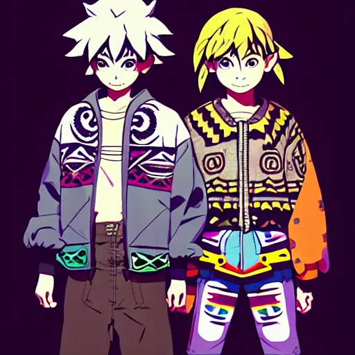 Image similar to majora majora's mask wearing oversized mayan bomber jacket with overalls, bulky poofy bomber jacket with mayan patterns, aztec street fashion, botw art style, gapmoe yandere grimdark, trending on pixiv fanbox, painted by greg rutkowski makoto shinkai takashi takeuchi studio ghibli, akihiko yoshida