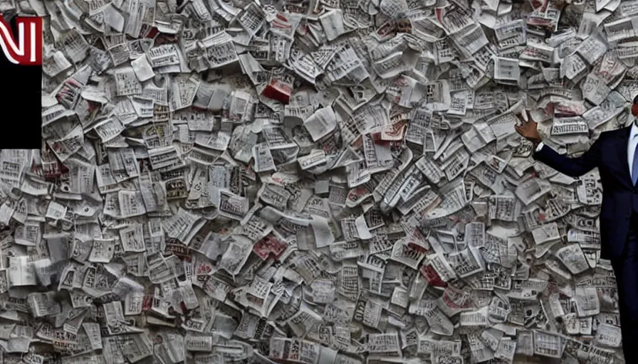 Image similar to cnn news footage taken from above. obama standing next to a mountain made of papers.