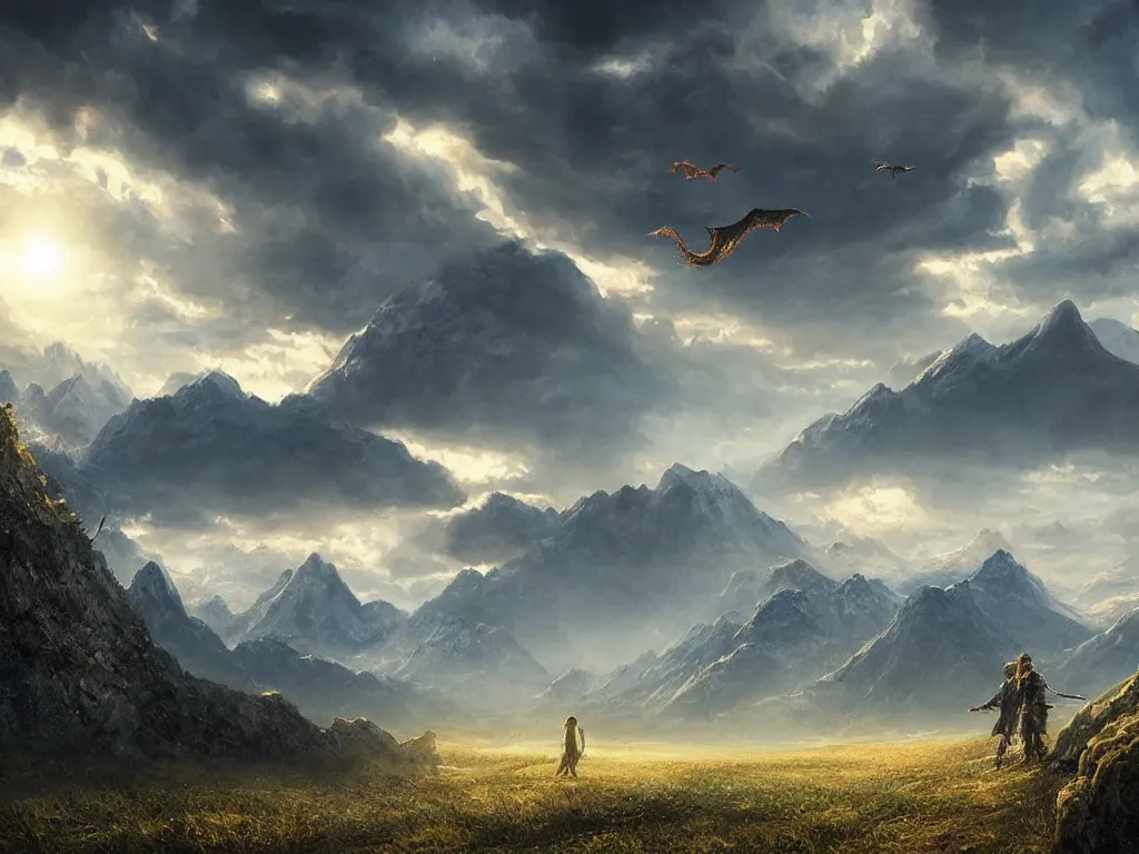 Prompt: a cinematic landscape view looking at an open field with a dragon flying above, mountains in the distance, the sun shines through the parted clouds, digital painting, fantasy, art by alexandre mahboubi and christophe oliver