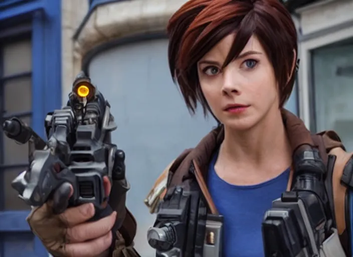 Image similar to a film still of a a woman called tracer from overwatch in doctor who
