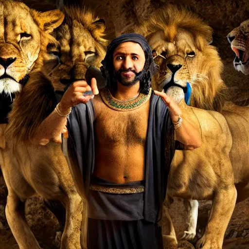 Image similar to film still of 3 5 year old man in ancient canaanite clothing surrounded by ferocious lions. cave interior background, hd wallpaper, 8 k