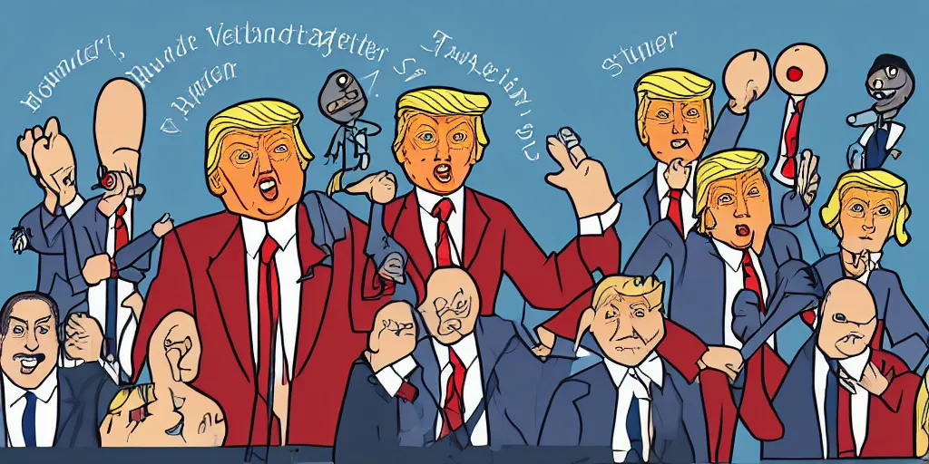 Prompt: donald trump as a malicious puppeteer controlling supreme court justices, full color digital illustration