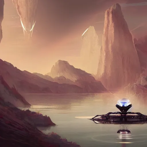 Prompt: Alien mecha robots landing over a lake in a distant planet, distant future, sipping water from the lake below, trending in artstation, matte painting